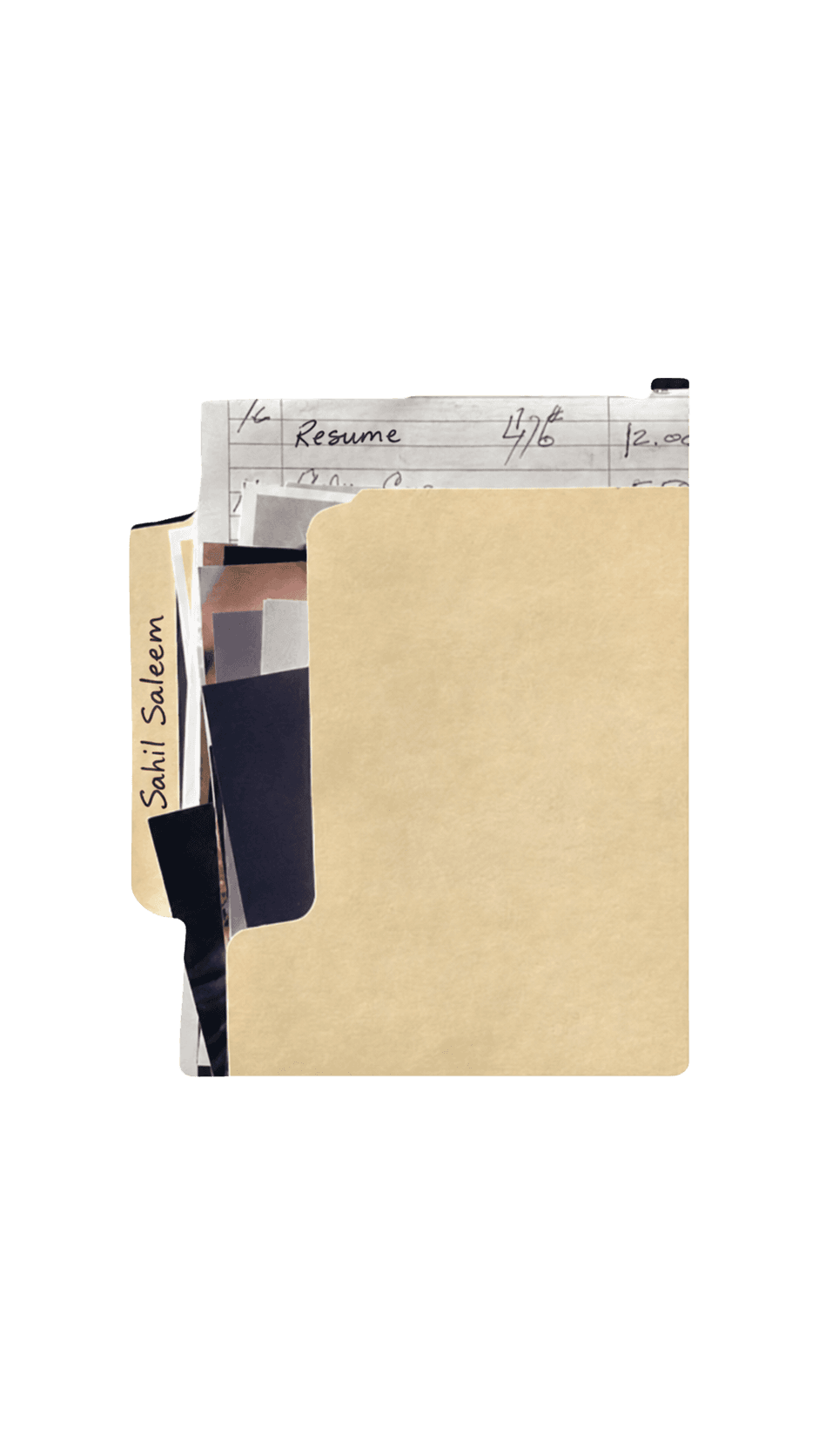 A manila folder holding a printed resume